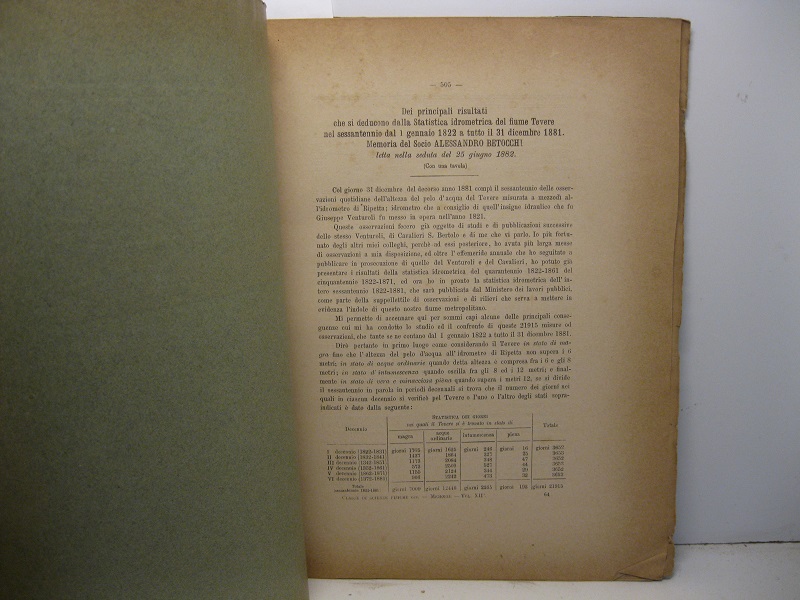 Dei principali risultati che si deducono dalla statistica idrometrica del fiume Tevere nel sessantennio dal 1 gennaio 1822 a tutto il 31 dicembre 1881
